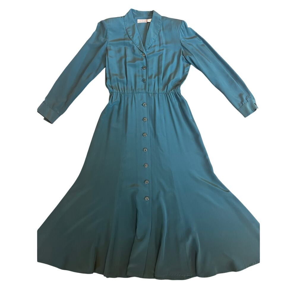 VTG Liz Claiborne 100% Silk Maxi Dress Size 10 Green Button Front Long Sleeve - Picture 2 of 6